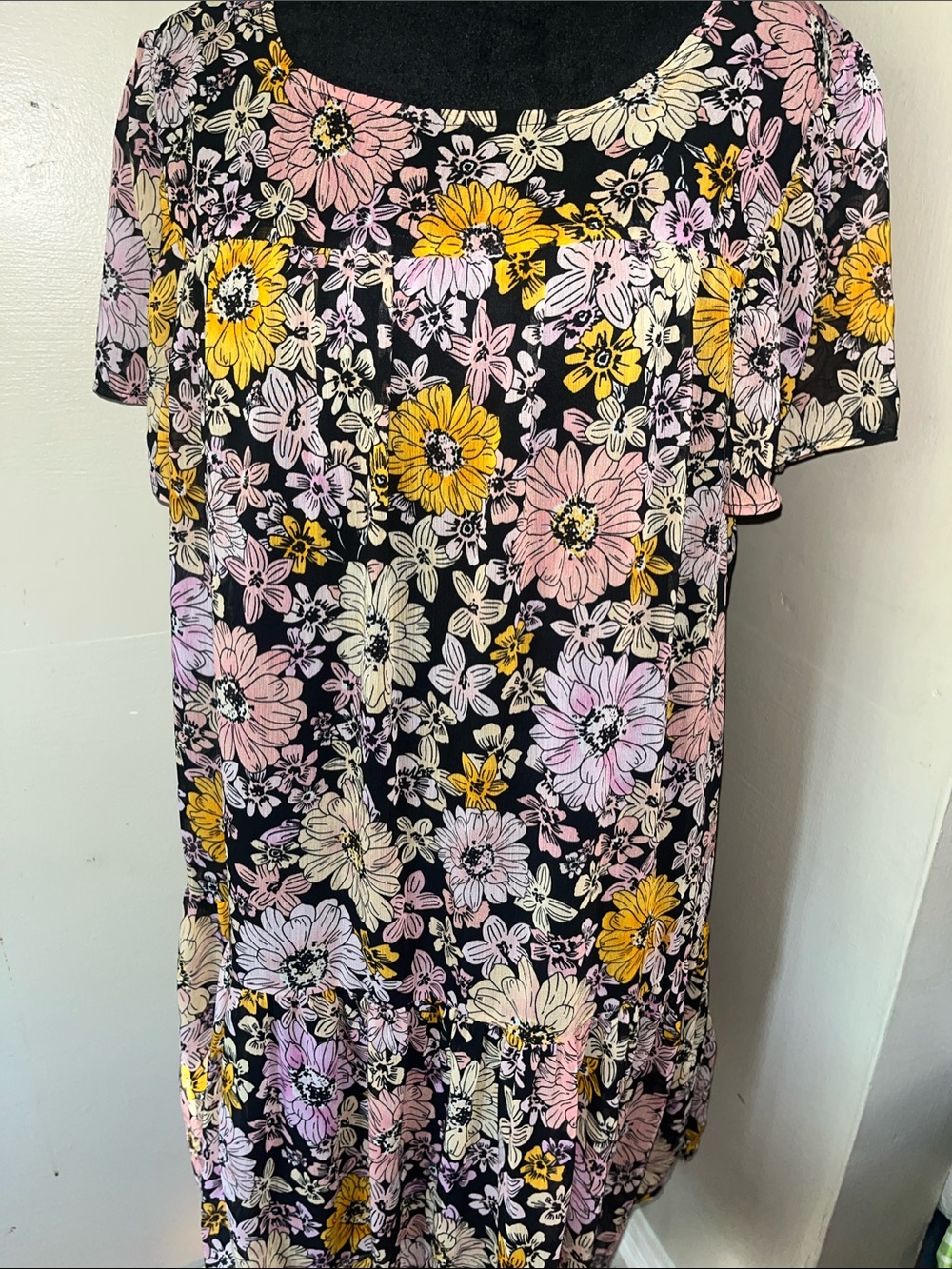 BB Dakota Black Floral Midi Dress with Pink & Yellow Blooms